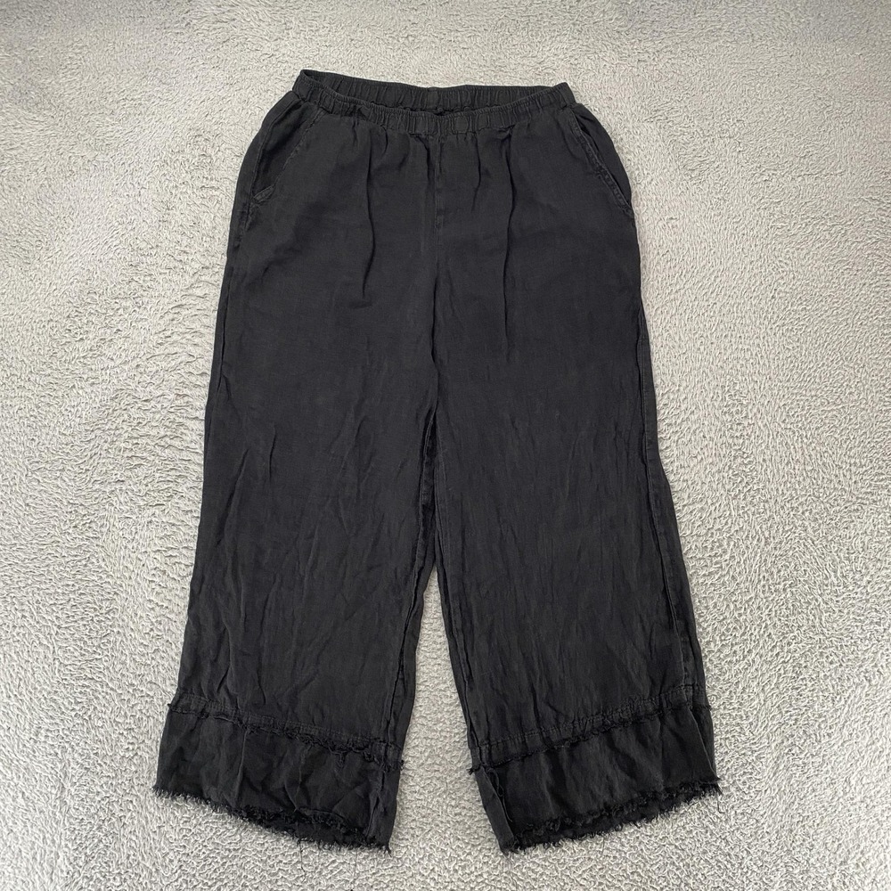 Camille & Co Linen Pants Womens Large Wide Leg Black Ankle Crop Fringe Hem